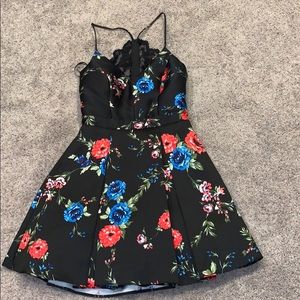 Black homecoming dress with red and blue flowers